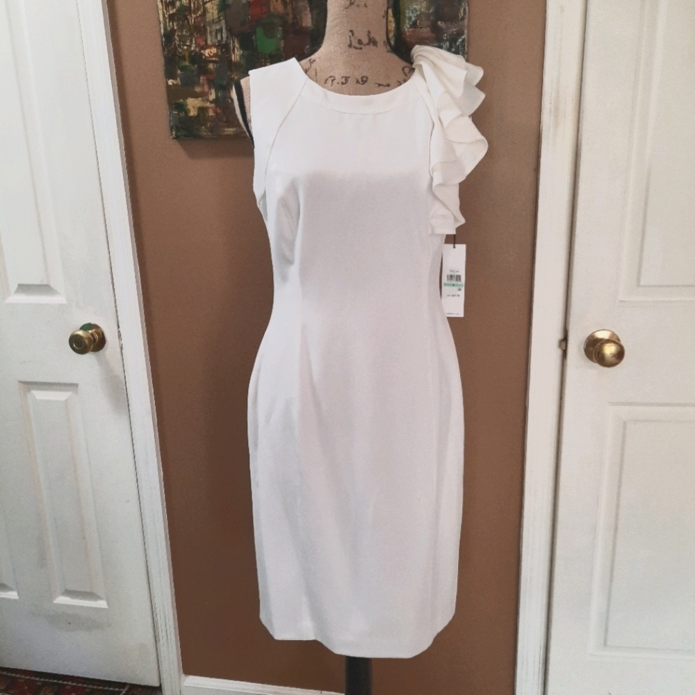 White Sleeveless Ruffled Shoulder Sheath Dress